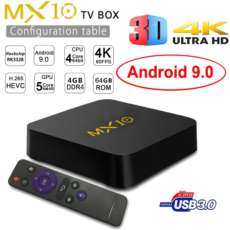 Android 9,0 MX10 Smart tv BOX DDR4 4 ГБ ОЗУ 64 Гб ПЗУ четырехъядерный процессор Rockchip RK3328 4K 3D Wifi USB 3,0 IP tv Android умная приставка