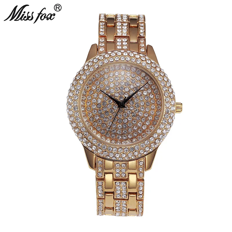 

MISSFOX Full Diamond Luxury Watch Women Rhinestone Waterproof Horloges Vrouwen Gold Gift For Girls Sobretudo Relogio Feminino