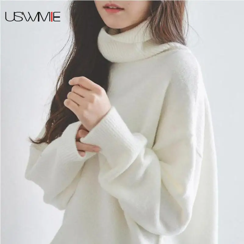 

2019 Winter Women Sweater Casual Simple Pure Color Loose Knitted Thickening Turtleneck Solid Color Wild Irregular Hem Pullover