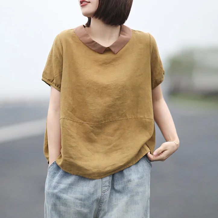 

Summer Blouse Retro Loose Casual Women Shirt Tops New Female Vintage Turn-down Collar Button Short Sleeve Pullovers Blouse