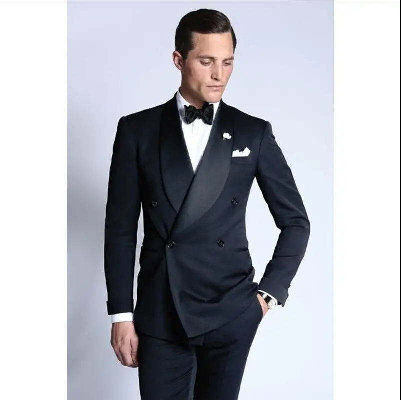 646 Black Double Breasted Wedding Suits for Men Jacket Slim Fit Skinny 2 Piece Tuxedo Groom Blazer