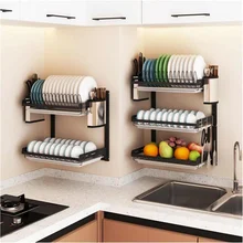 New 304 Stainless Steel Kitchen  Wall Mount Kitchen Organizer   Dish  Plate Cutlery Cup  Drying Rack Storage Holder