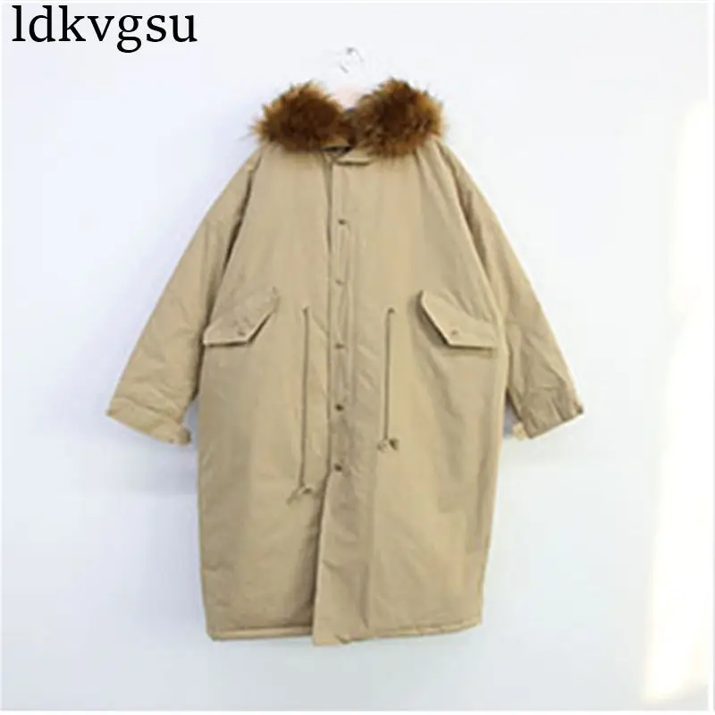 Зимнее женское пальто с большим меховым воротником и капюшоном, длинная куртка, утепленная, Корейская, стеганая парка,, негабаритная, военная парка A1615 - Цвет: Khaki