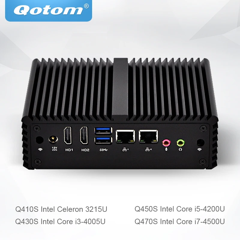Qotom Мини ПК Celeron Core i3 i5 i7 поддержка Linux Ubuntu Win безвентиляторный микро компьютер 2 гигабит NIC маленькая коробка ПК Q400S-S08