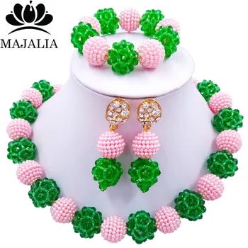 

Majalia Fashion Nigeria Wedding African Beads Jewelry Set Green Crystal Plastic Pearl Necklace Bridal Jewelry Sets 1ZS009