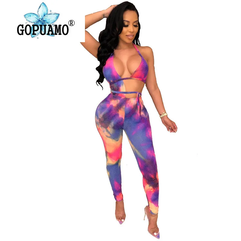 

Rainbow Tie Dyeing Sexy Bandage Jumpsuit Women Waist Band Cut Out Backless Skinny Bodysuit Summer Halter Sleeveless Party Romper