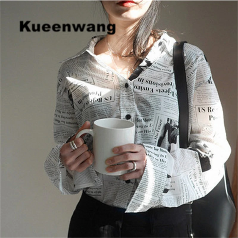 Kueenwang Для женщин 2019 Блузы Новый стиль модель рубашка корейский улица английский