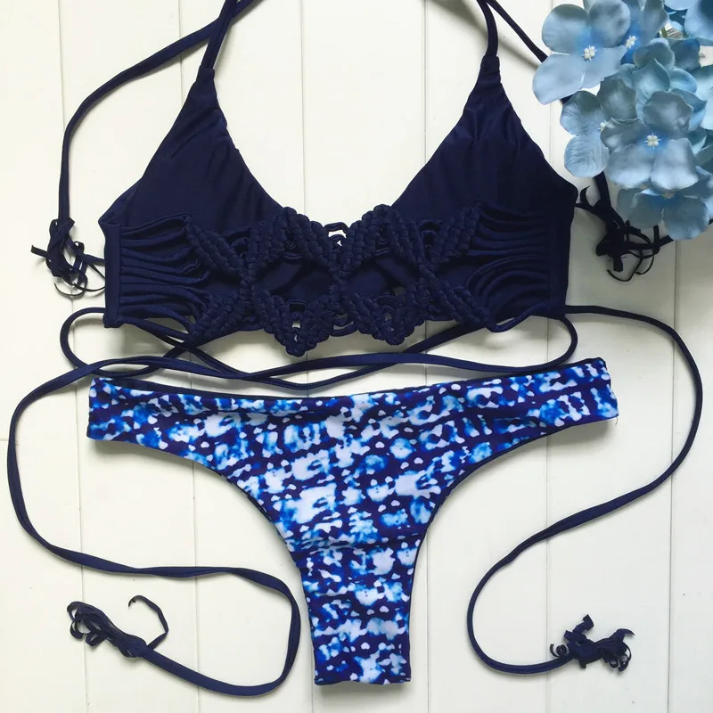 

Bandage 2017 Bikinis Crochet Sexy Bikini Top Print Triangle Swimsuit Bottom Two Piece Swimwear Bra Padded