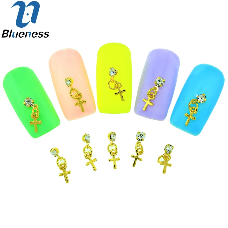 

10 Pcs/Lot Glitter Rhinestones With Cross Pendant Decorations Nail Art 3D Gold Alloy Chain Studs Supplies For Nails Charm TN1701