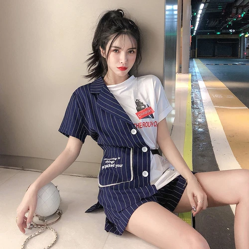

Two Pieces Set Summer 2019 England Style Print Stripe Patchwork Top Shorts 2 Piece Outfits for Women Matching Sets conjunto S181