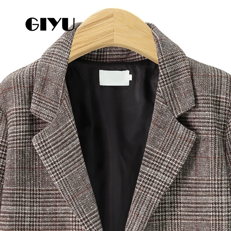GIYU Spring Autumn Women Plaid Printing Blazer Long Sleeve Jackets Pockets Sexy Tops Casual Single Breasted camiseta mujer