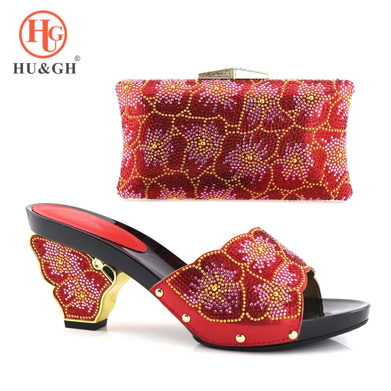 

African Shoe and Bag Set New 2018 Women Shoes and Bag Set Red Color Italian Shoes with Matching Bags Set Decorated with Stone
