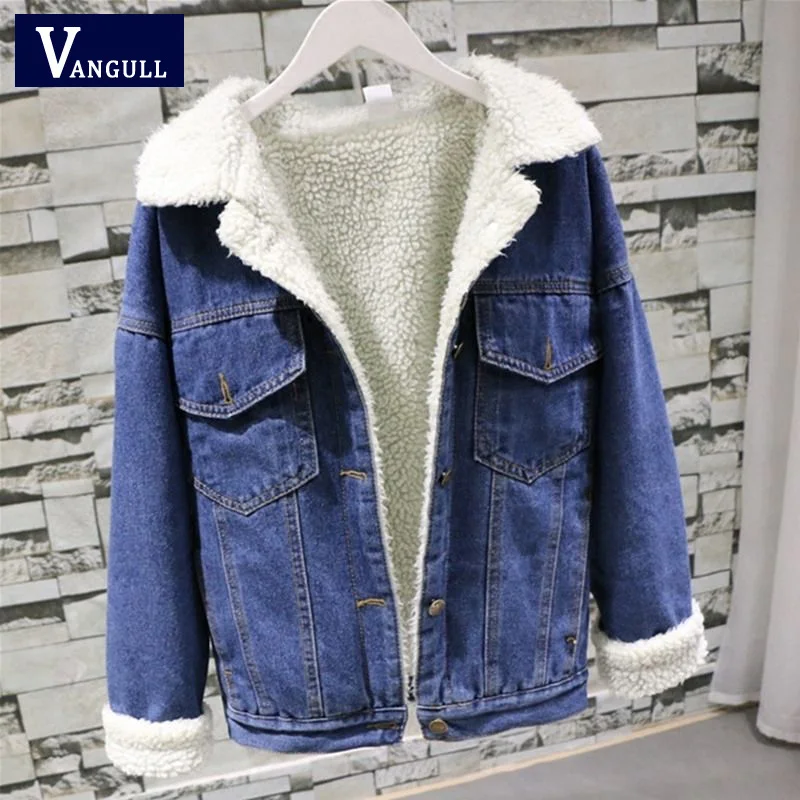 

Vangull Women Warm Denim Jackets Lambs wool Thicken Jean Coat 2019 Casual Winter New Pockets Long Sleeve Solid Denim Outerwear