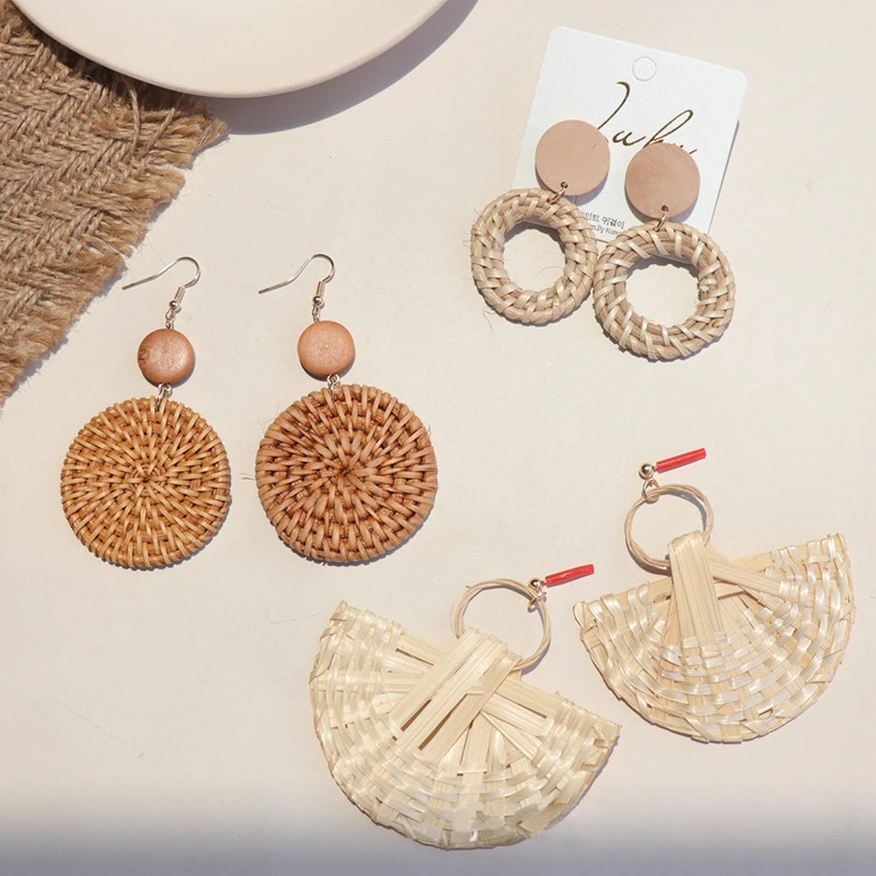 Fashion Bamboo Rattan Straw Weave Earrings For Women Handmade Circle