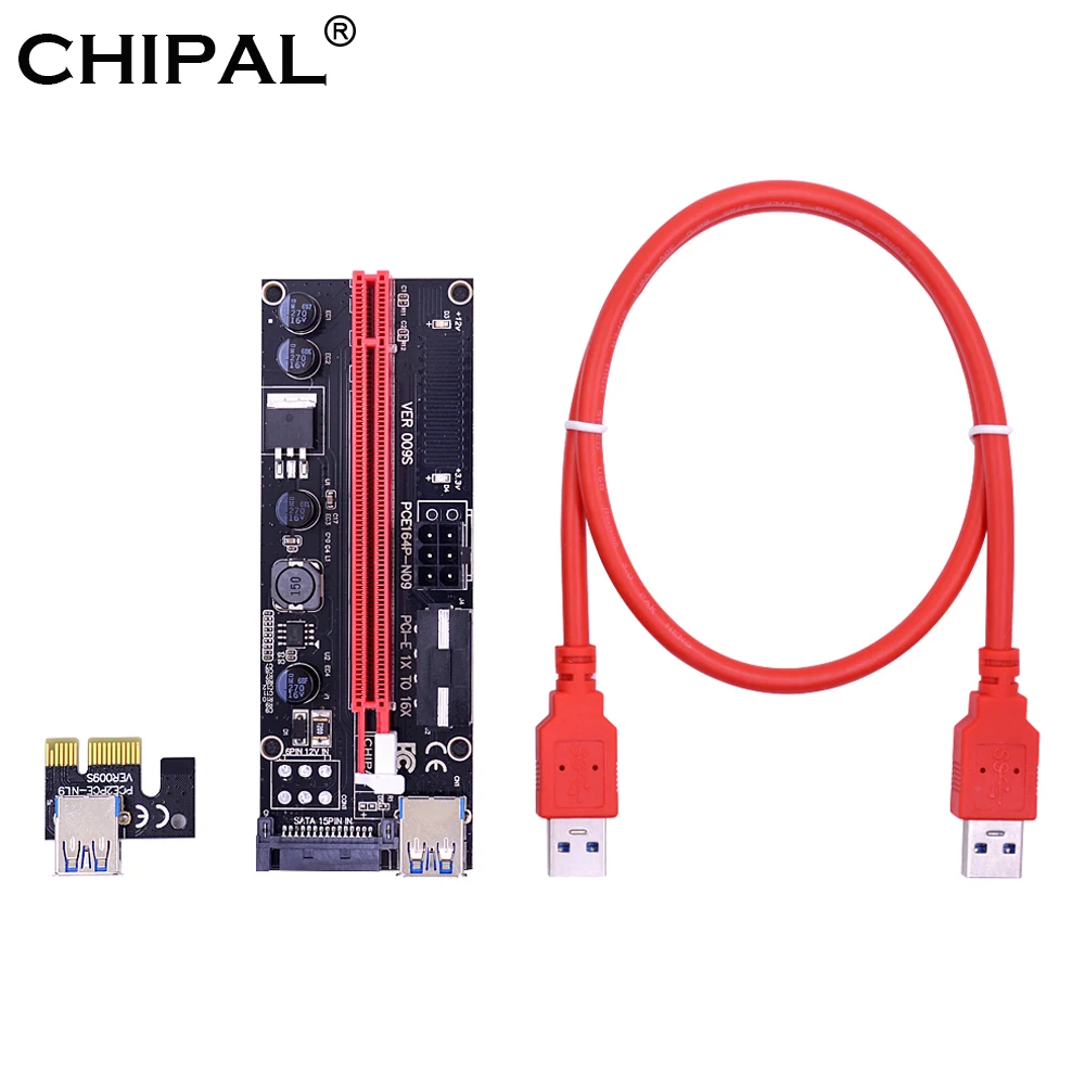 

CHIPAL VER009S PCI-E Riser Card 009S PCI Express 1X to 16X 4Pin 6Pin SATA Molex Power 0.6M USB 3.0 Cable for BTC LTC ETH Mining