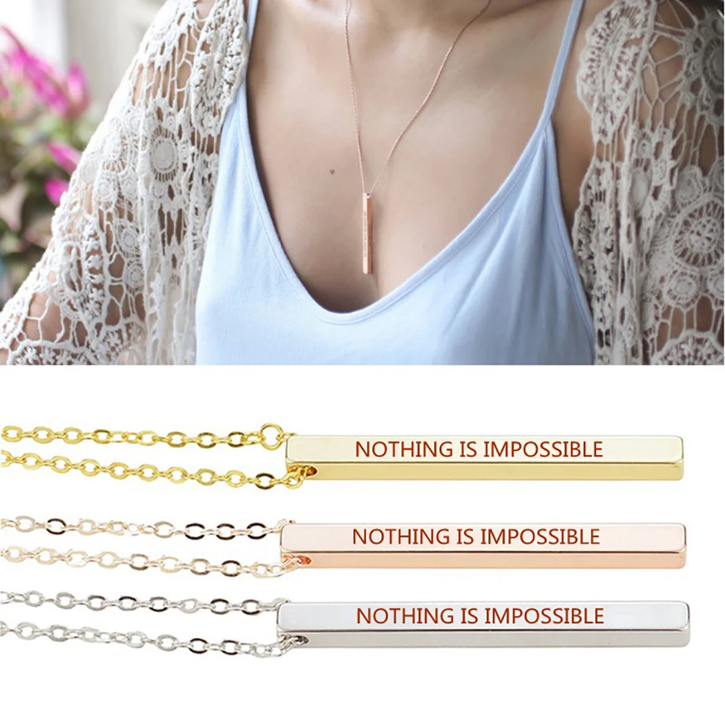 Nothing Is Impossible Inspirational Quote Engraved Bar Necklace Stainless Steel Chain Women Fashion Sweater Necklace Jewelry