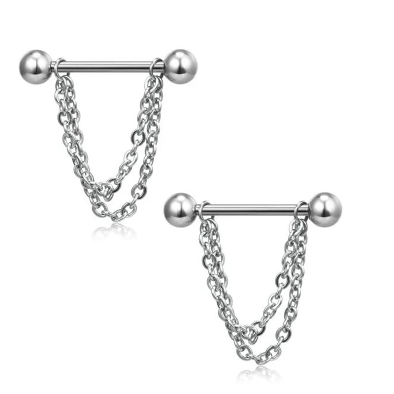 

1 Pair Pierced Nipple Breast Rings Nail Barbell Steel Chain Pendant Body Piercings Jewelry