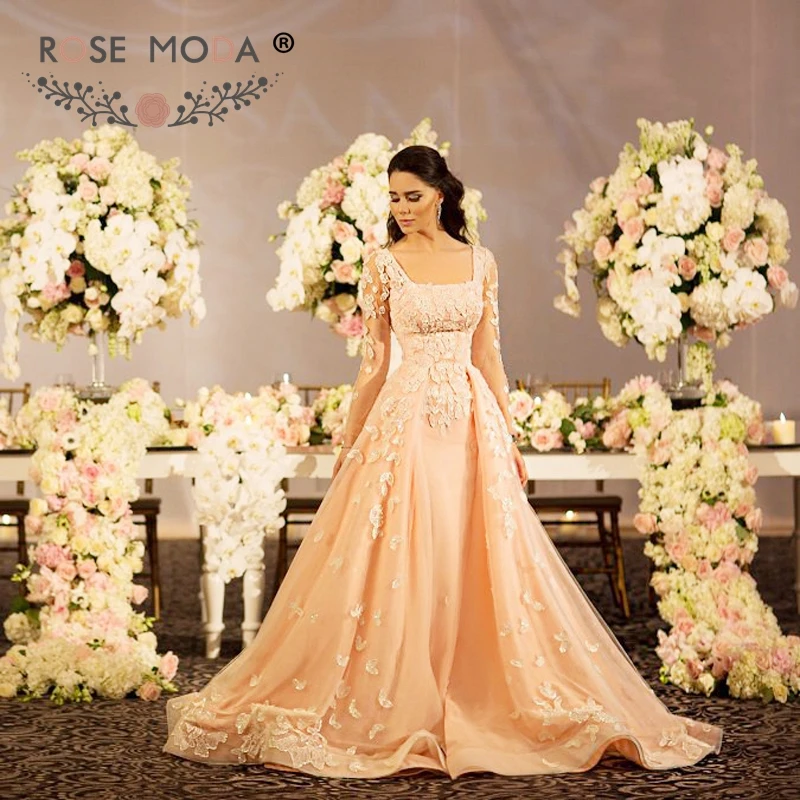 Rose Moda Long Sleeves Blush Pink Wedding Dress With Over Skirt
