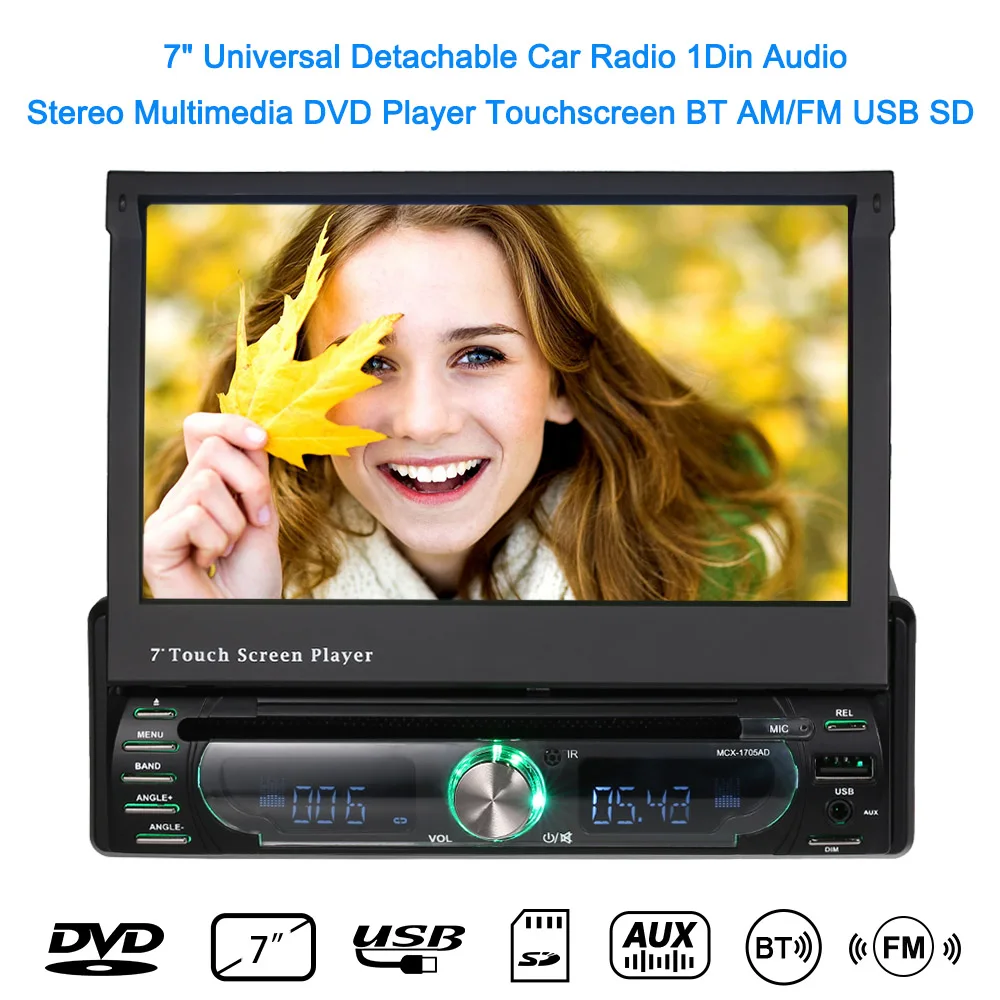 

7" Universal Detachable Car Radio 1Din Audio Stereo Multimedia DVD Player Touchscreen BT AM/FM USB SD