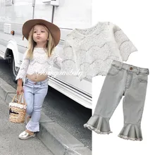 Комплект для маленьких девочек на весну и осень, кружевной топ с длинными рукавами+ винтажные женские джинсы комплект из двух предметов с кружевом
