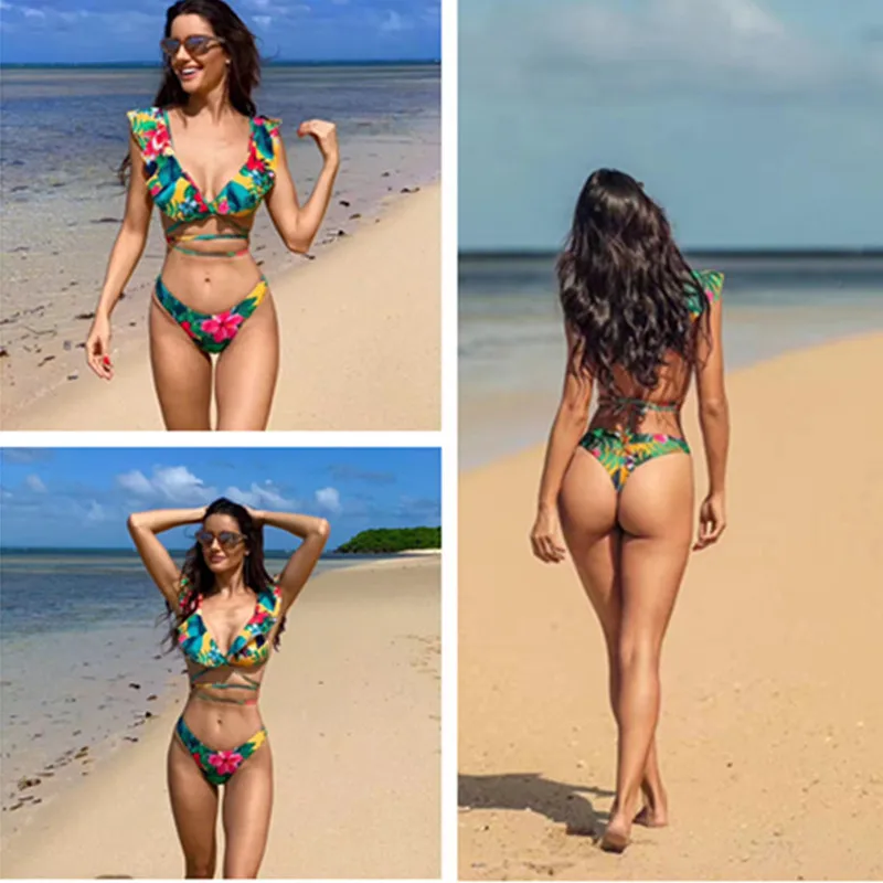

Swimwear Women 2019 Two Piece Swimsuit Floral Low Waist Swimsuit Deep V Collar High Bathing Suits Polyester Bathing Suit Women