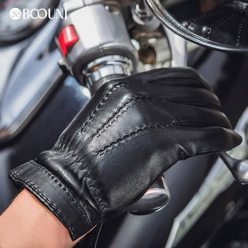 BOOUNI Genuine Leather Gloves Fashion Men Sheepskin Gloves Winter Plus Velvet Classic Black Leather Driving Glove NEW NM703