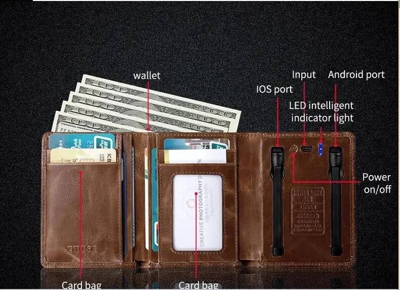 Умный кошелек с USB для зарядки, кошелек с мобильным телефоном, 4000 мА/ч, кошелек, внешний аккумулятор для samsung s8 s9 xiaomi mi9