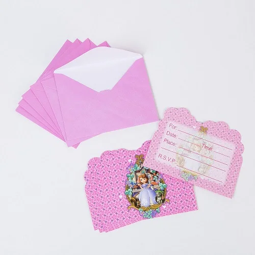 

10pcs/lot purple castle Princess Sophia Party Decoration invitation card Baby Shower Easter Long hair princess Party Supplies