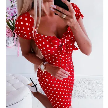 

Women's Summer Polka Dot Bodycon Dress Short Sleeve V-neck Party Club Sundress Casual Mini Dress