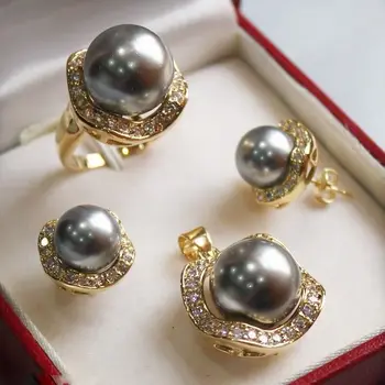 

10mm &14mm gray South sea Shell Pearl Earrings Necklace Ring size 9 Jewelry set 5.23