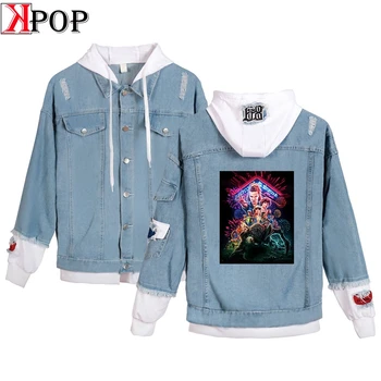 

Stranger things SHEIN Casual Hooded Denim Jacket Women Fake Two Pieces Trends Jean Pockets Loose Jackets Jeans Coat Female