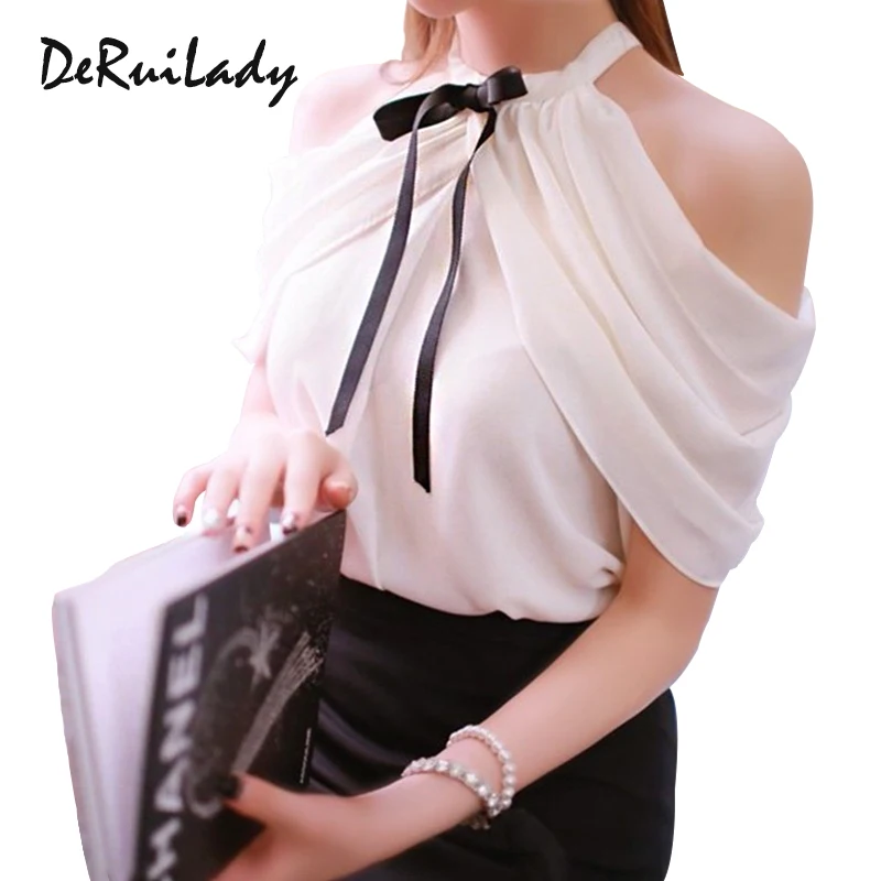 Prix DERUILADY Top Épaules Femmes Sexy Chemise 2018 Nouvelle D été Office Lady Blanc Élégant Blouses Dames Arc En Mousseline de Soie Chemisier Occasionnel