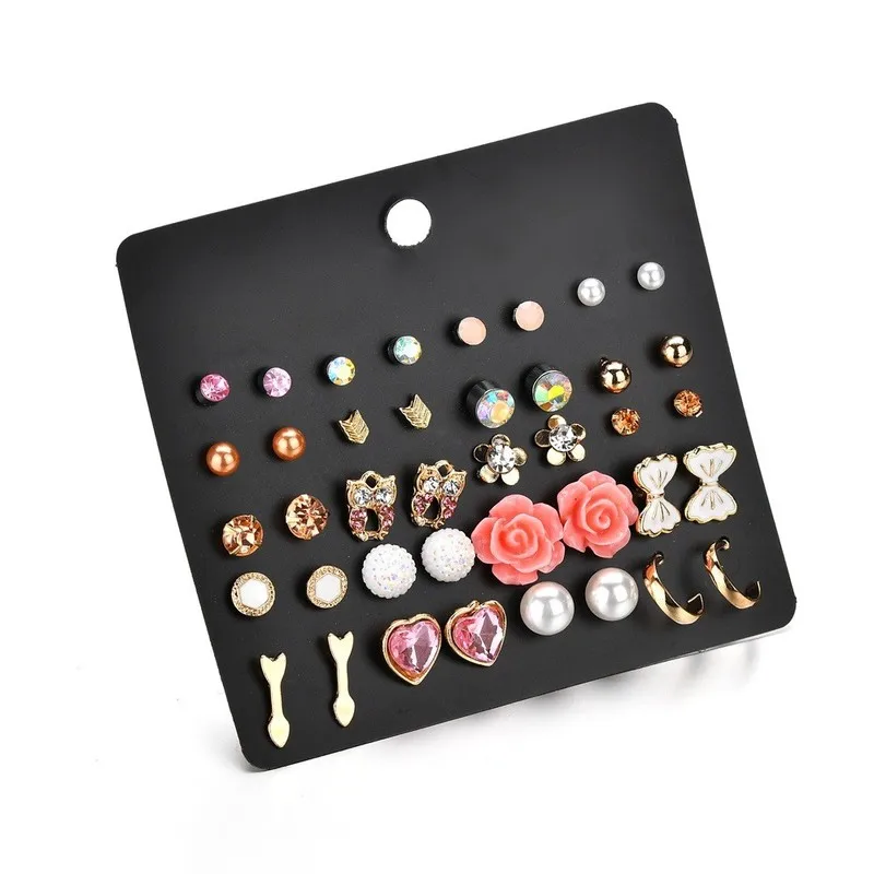 

Hot 11.11 Sales Fashion Stud Earrings For Women 20 Pairs/set Mixed Heart Flower Crystal Ear Studs Piercing Jewelry Wholesale