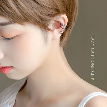 

Lazy Cat Bone Ear Clip No Pierced Ears Original Design Sterling Silver S925 Fine Jewelry Anti allergy Black Gold-Color Earrings