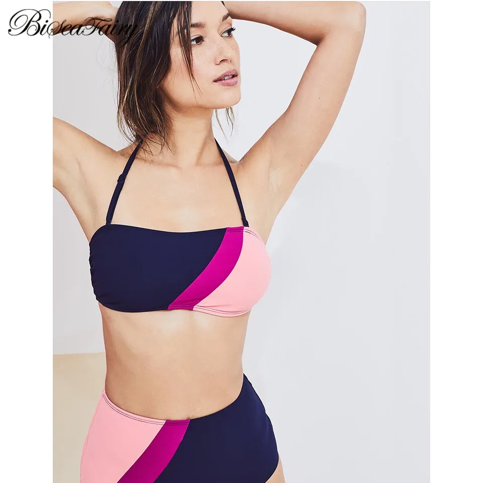 

BISEAFAIRY 2019 High Waist BikiniStriped Crop Bikini High Neck Women Swimwear Swimsuit Set Retro Bating Suit Swim
