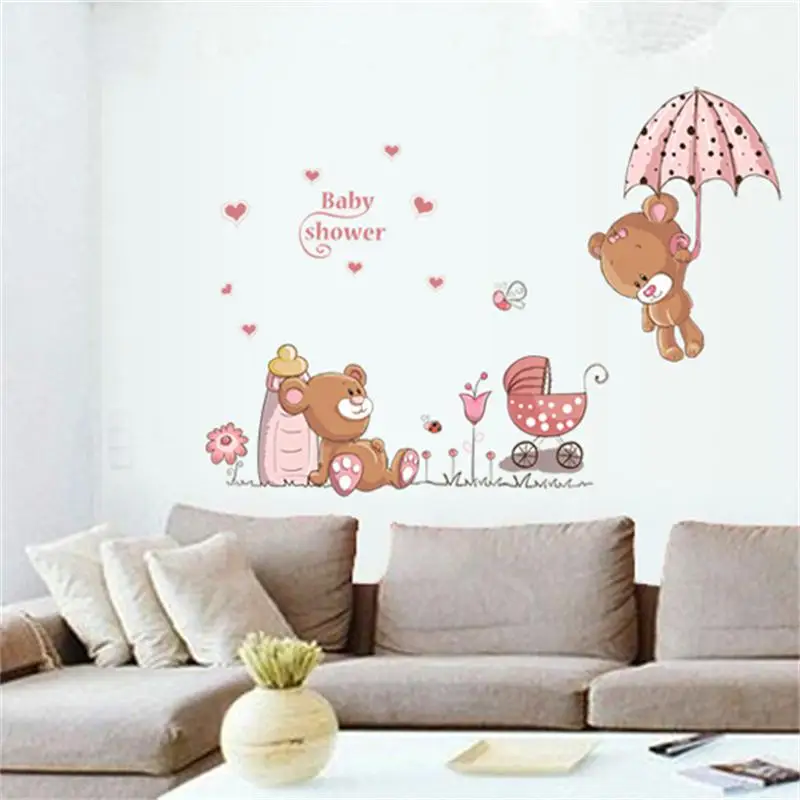 Cute Couple Bears Umbrella Wall Stickers For Kids Rooms Wall Decal Art Children Bedroom Decor Nursery baby shower gift