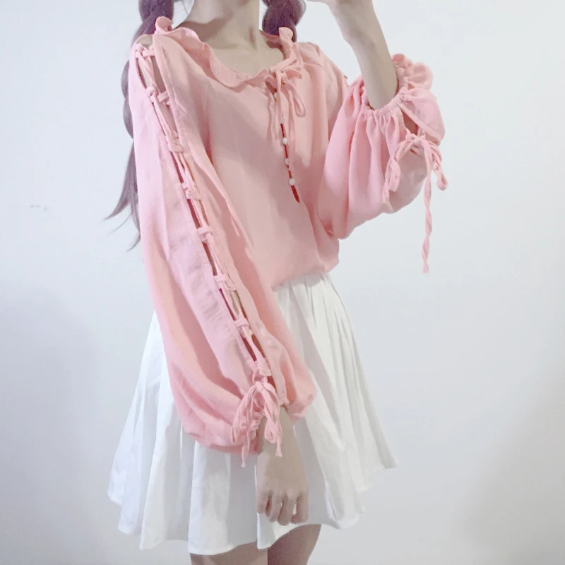

Japanese Casual Hollow Blouse Loose Women Elegant Pink Tops 2018 Autumn Preppy Long Sleeve Sweet Lace Up Chiffon Pearl Blouses