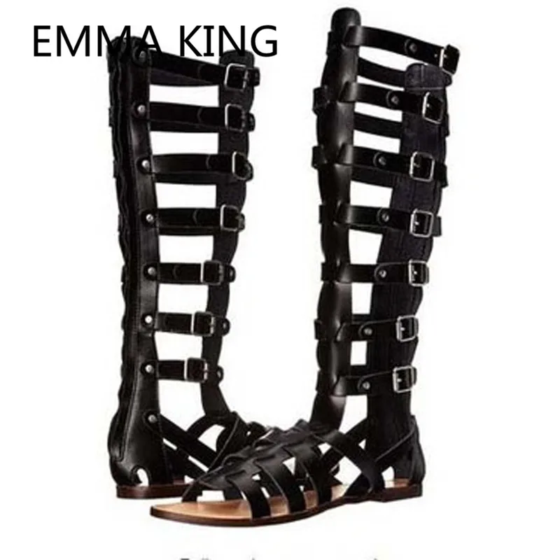 

Punk Style Buckle Designer Women Knee High Gladiator Sandals Open Toe Cutout Casual Roman Shoes Woman Black Brown Flats Sandals