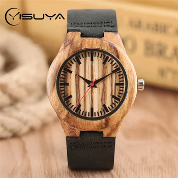 

YISUYA Natural Fashion Stripe Handmade Wood Bamboo Wooden Watches Women Round Dial Leather Band Analog Quartz Wristwatch