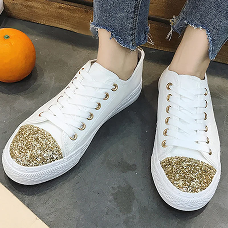 

Womens bling shoes ladies sneakers shoes for female size 35-40 lace-up flats solid white and black sneaker scarpe donna