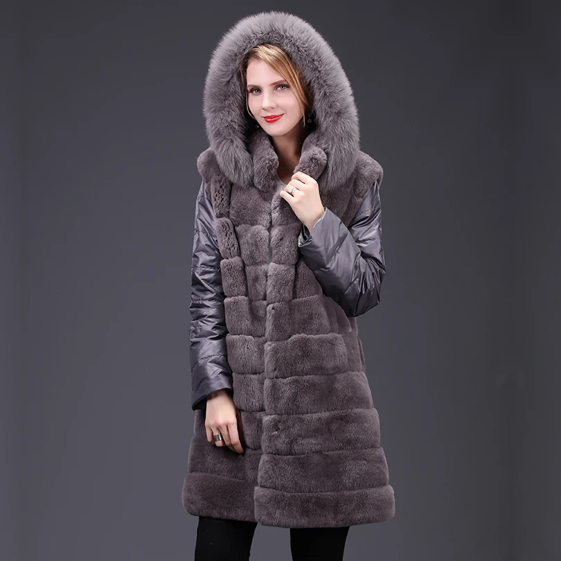 

2019 new real Rex Rabbit fur coat detachable sleeve hood jacket high fashion women natural fox fur coat thick warm street style