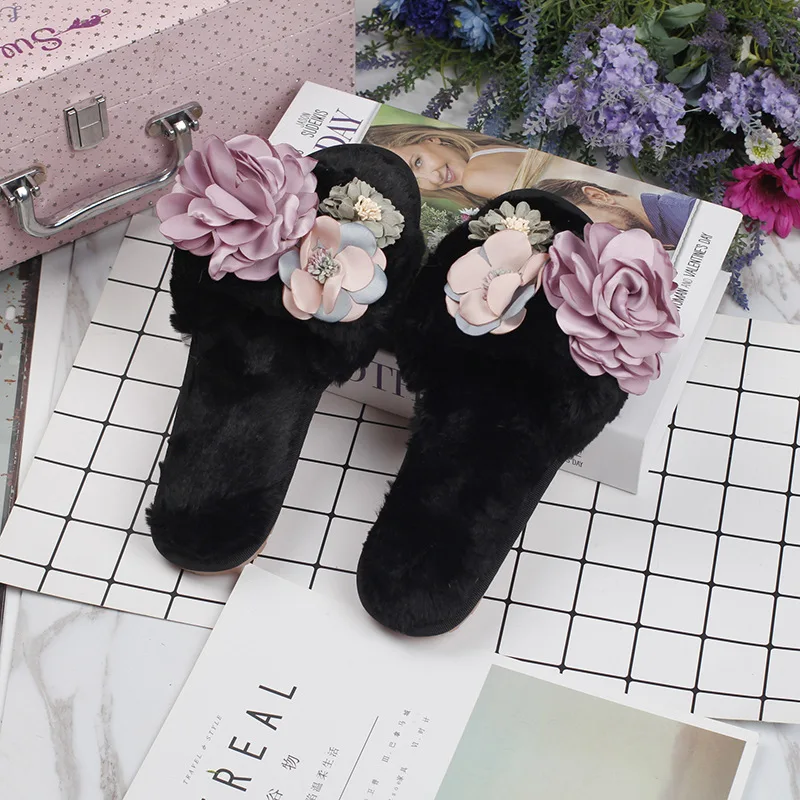 3D цветок сандалии с мехом для женщин Кондиционер домашние тапочки милые цветочные сланцы женские теплые плюшевые зимние шлепанцы c165