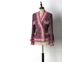 Женская Мода Элегантные Красочные с бахромой цепи v-образным вырезом формальный твидовый пиджак маленькие карманы двубортная верхняя одежда Новинка осень