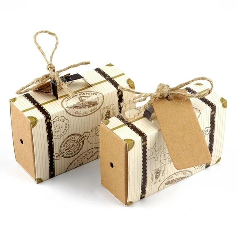 50 Sets Mini Suitcase Boxes Small Candy Boxes Travel Themed Wedding Favors  Box Vintage Suitcase Box with Thank You Tags and Burlap Twine for Wedding