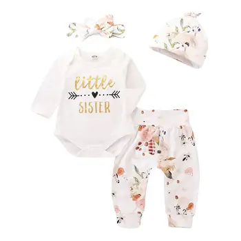 

Autumn 4pcs Flower Infant Newborn Baby Girls Clothing Set Litter Sister Long Sleeve Rompers + Pants+Hat+Headband Outfits DNOV