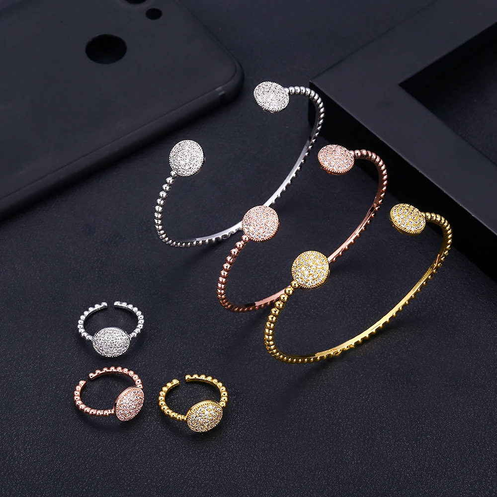 

jankelly Luxury Round shap Bangle Ring Sets Fashion Dubai Silver Bridal Jewelry Sets For Women Wedding brincos para as mulheres