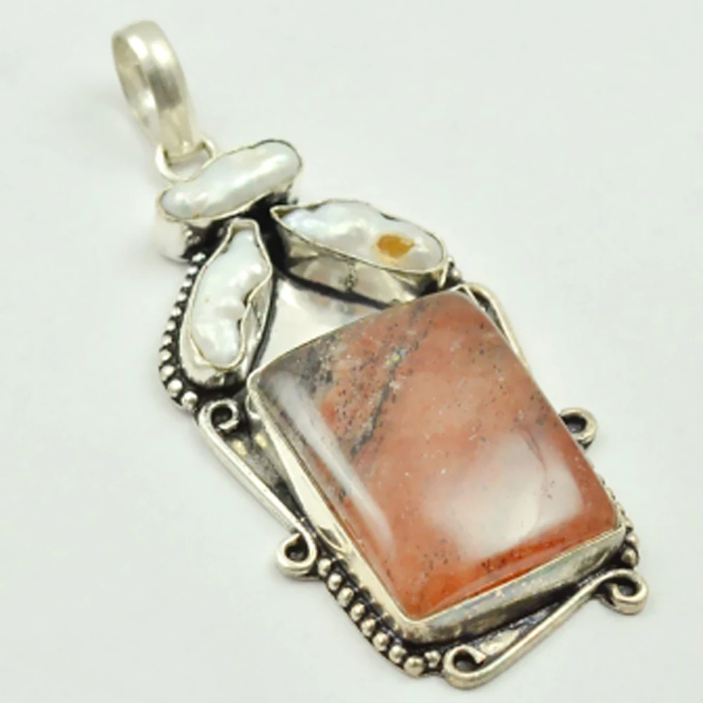 

Agates & Biwa Pearls Pendant Silver Overlay over Copper , 63 mm, P3398