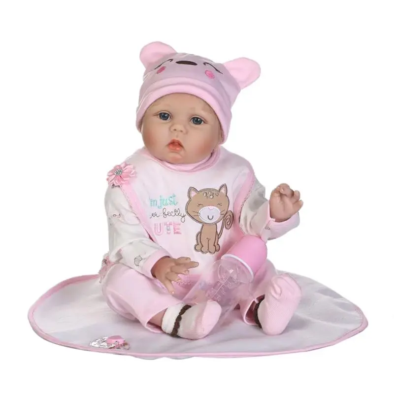 

22inch Silicon Newborn Lifelike Baby Doll Blanket Apron Cartoon Clothes Pink Pants Hat Hair Clip Early Childhood Kids Christmas