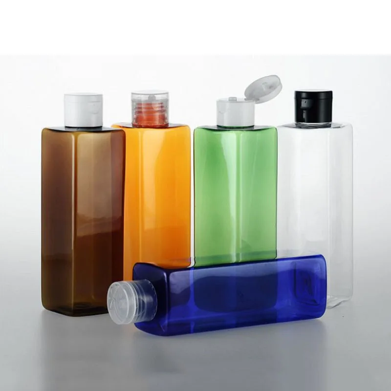 

4pcs/lot Flip top cap empty PET bottles 250ml 8oz Transparent/green/blue/orange/brown Large Square Bottles Cosmetic Container
