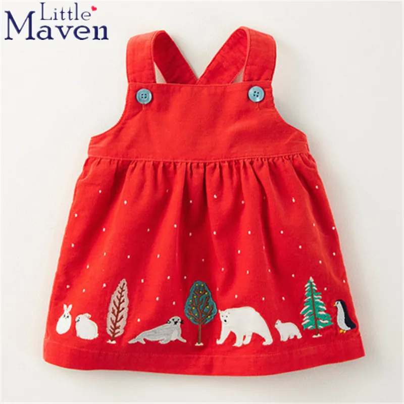 

Little maven children brand 2017 autumn Fall baby girls Corduroy Polar bear beaver penguin animal red girls vest dress dresses